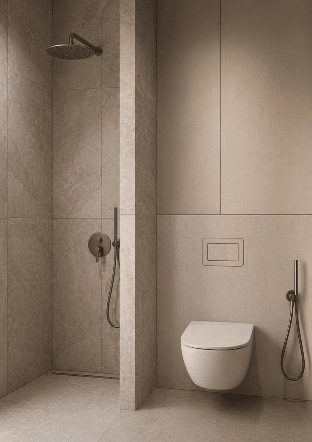 Walk-in shower and wall-hung toilet with the hidden flush plate in warm stone