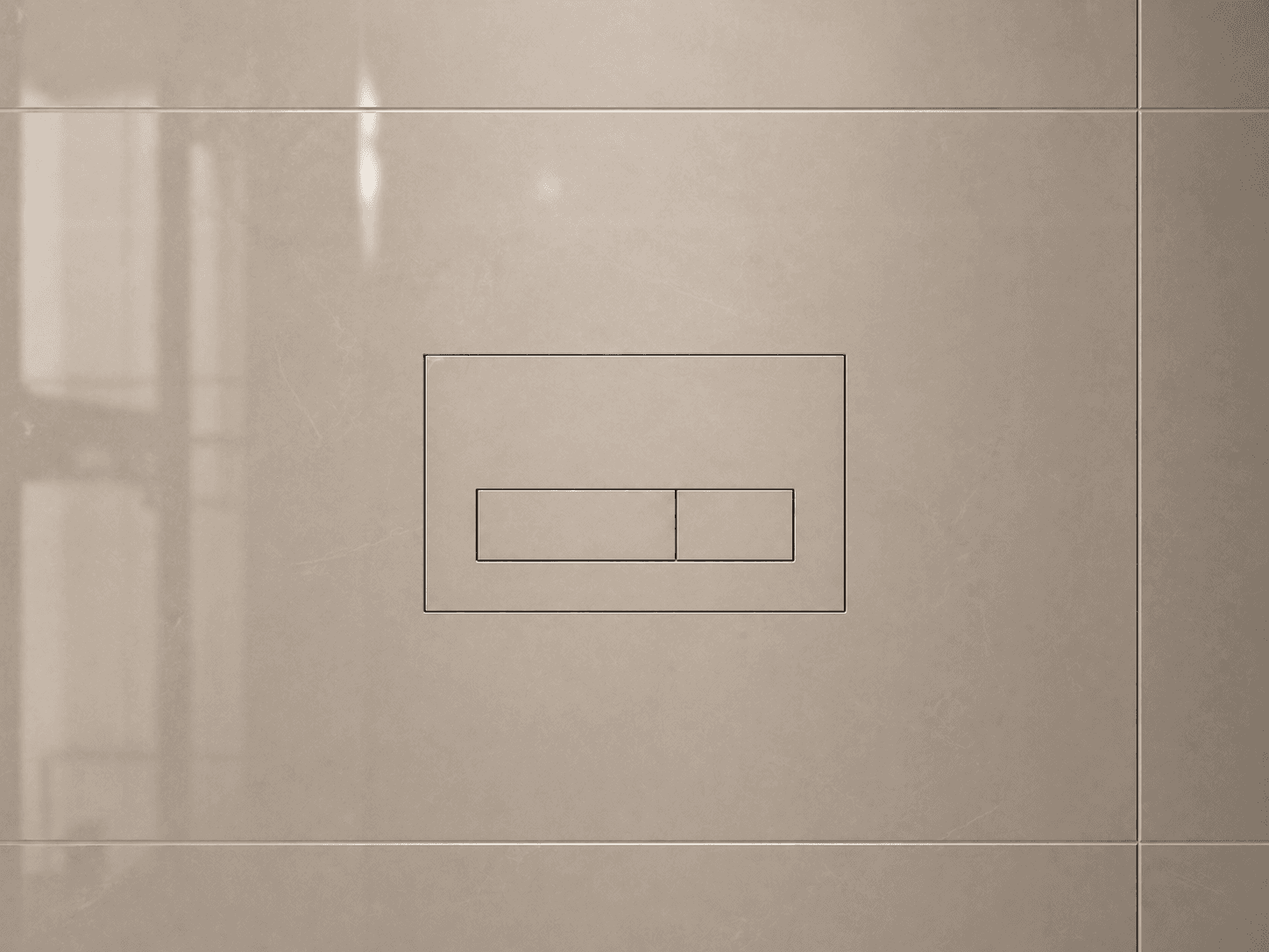 The two-button flush plate centred in glossy beige tile