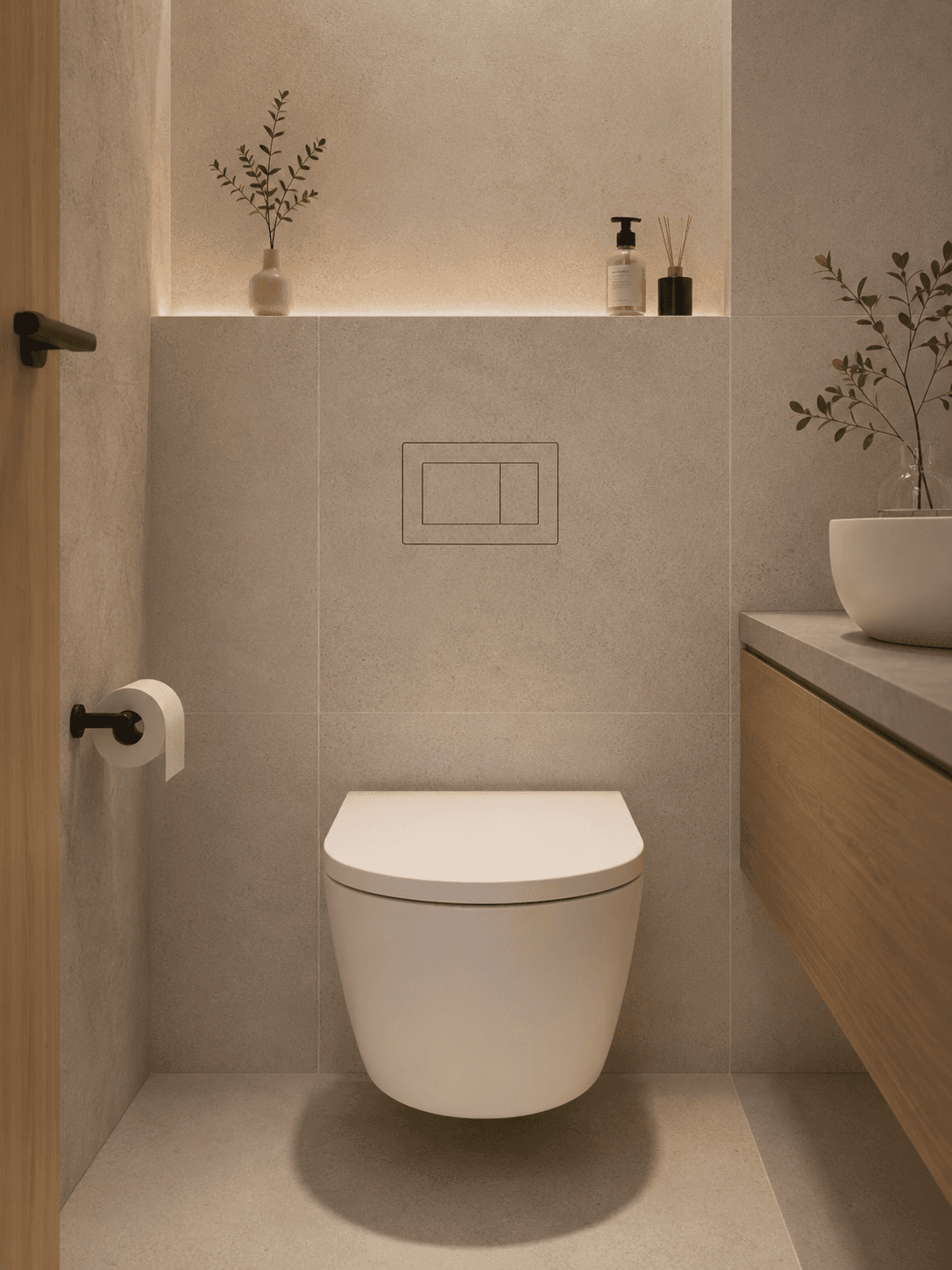 Beige stone bathroom with the hidden flush plate, wall-hung toilet and styled niche