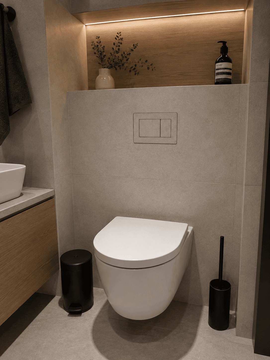 Warm stone bathroom styled with the hidden flush plate, wood vanity and accessories