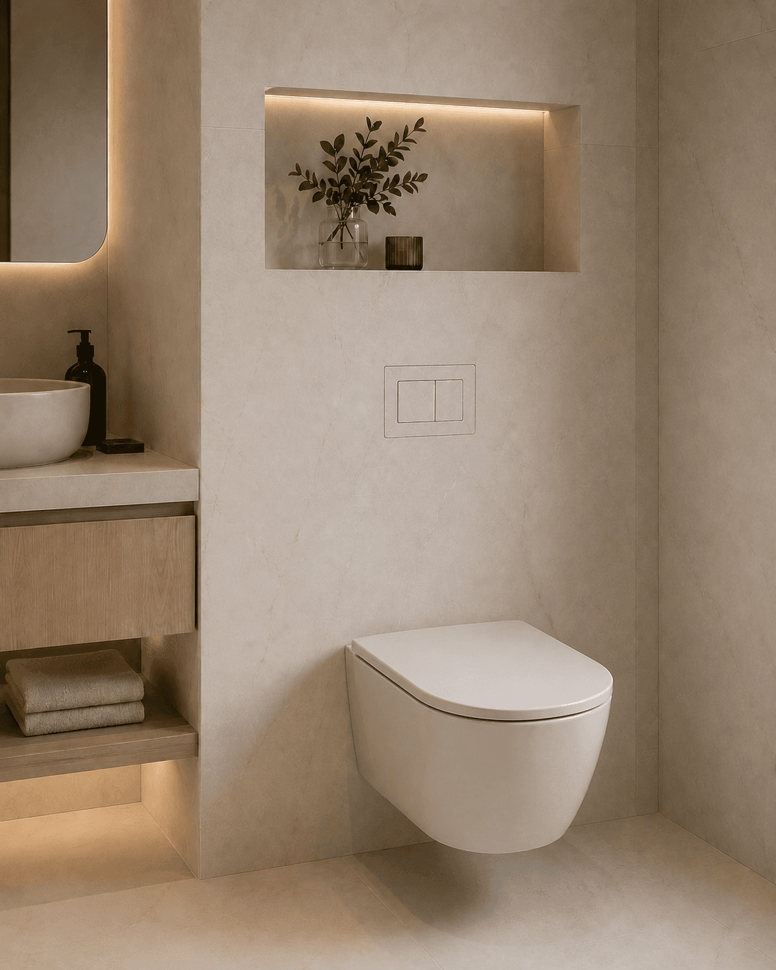 Warm minimalist bathroom with the hidden flush plate above a wall-hung toilet, vanity and lit niche