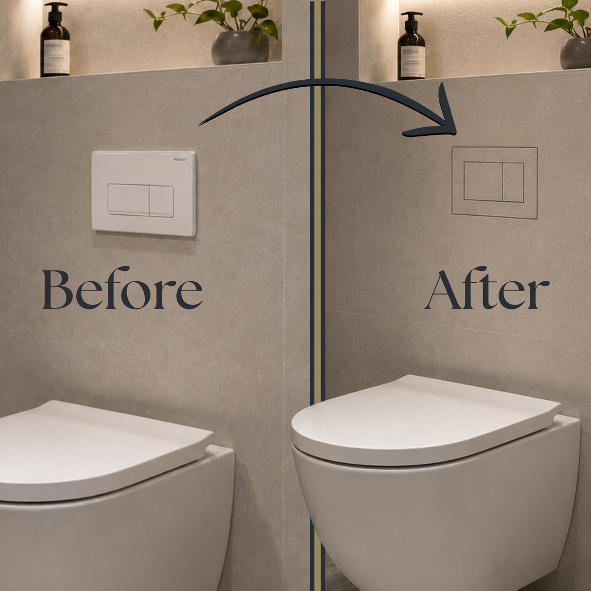 Before and after: a standard white flush plate on the tiled wall, then the same wall with the plate integrated and invisible