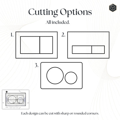 Cutting options, all included: three cut-out designs for the buttons, two rectangular and one with two circles