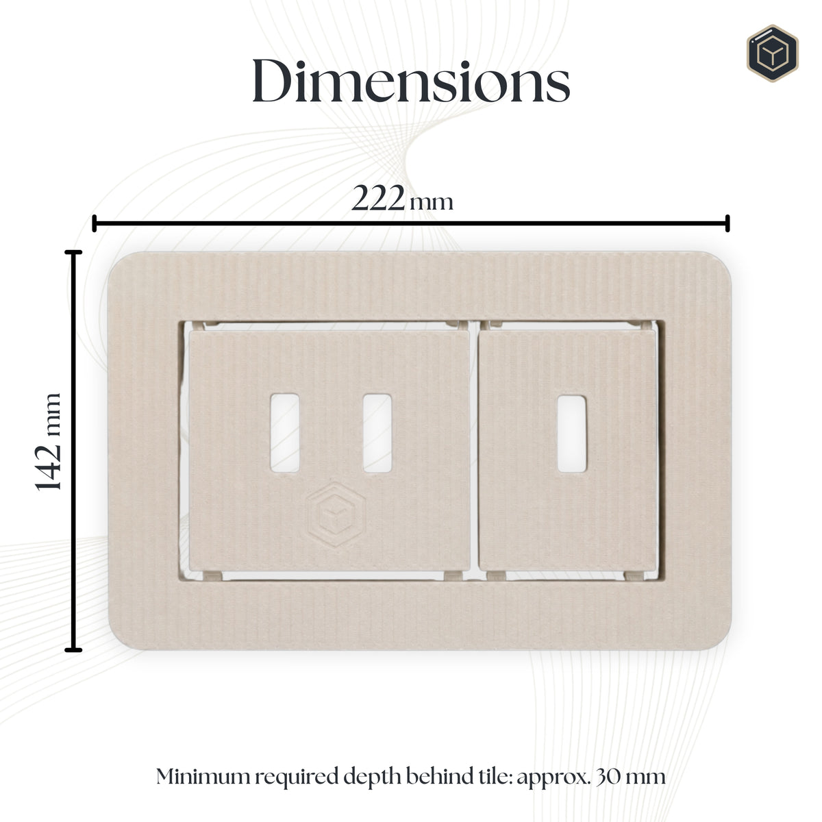 Dimensions: 222 mm wide, 142 mm high, and roughly 30 mm depth required behind the tile
