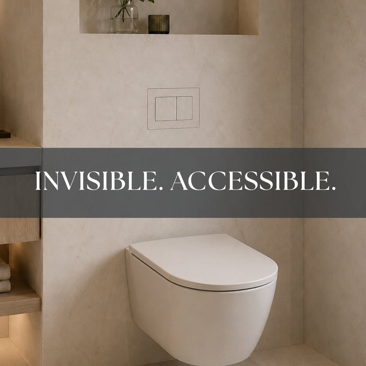 Invisible, accessible: the plate above a wall-hung toilet in a light beige tiled bathroom