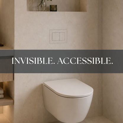 Invisible, accessible: the plate above a wall-hung toilet in a light beige tiled bathroom