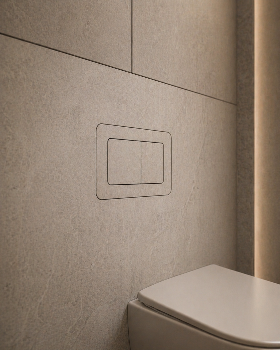 Close-up of the flush plate finished flush with matte beige stone tile
