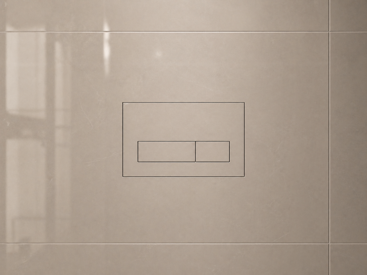 The two-button flush plate centred in glossy beige tile