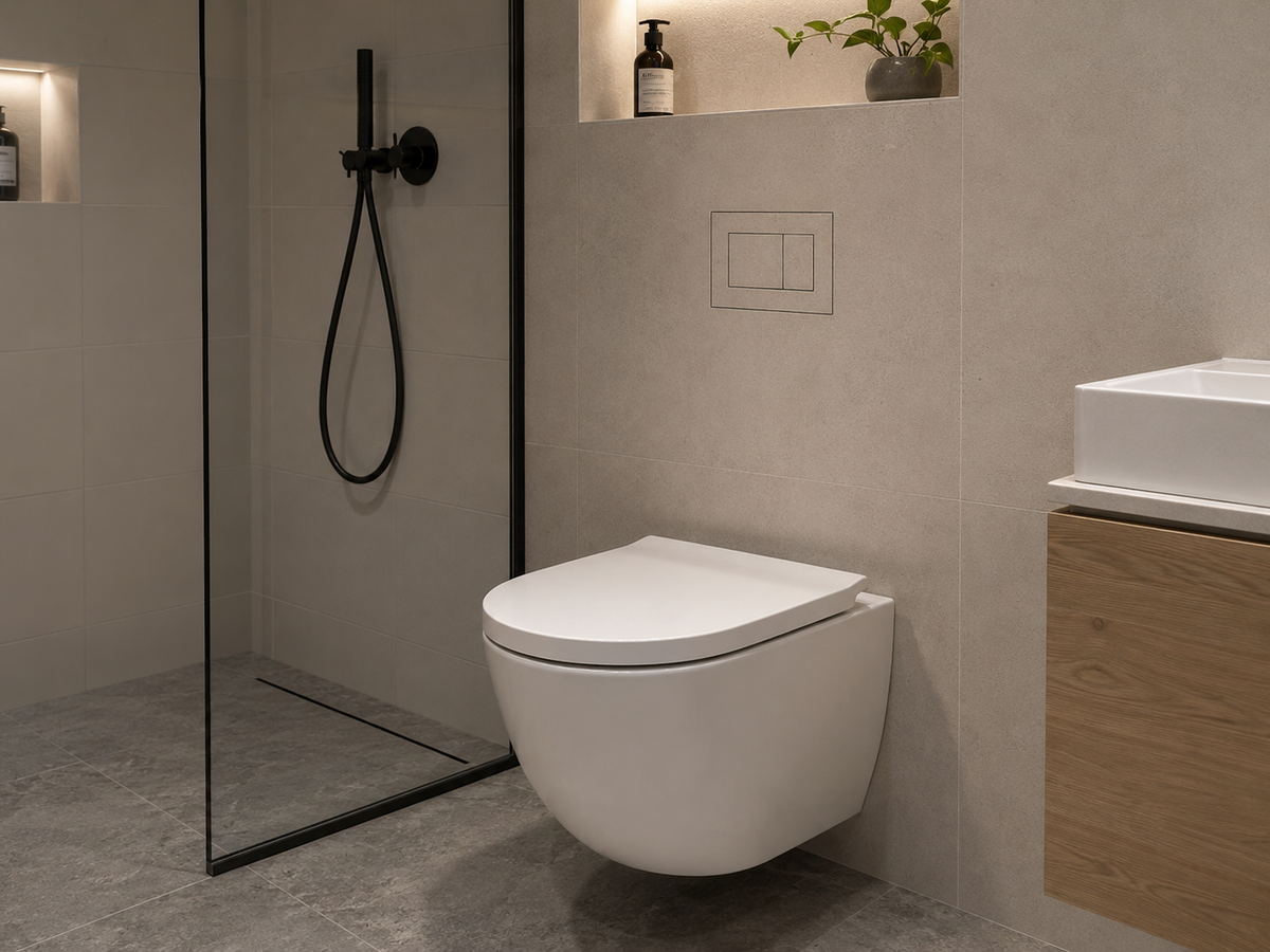Bathroom with walk-in shower and the hidden flush plate above the wall-hung toilet