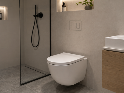 Bathroom with walk-in shower and the hidden flush plate above the wall-hung toilet