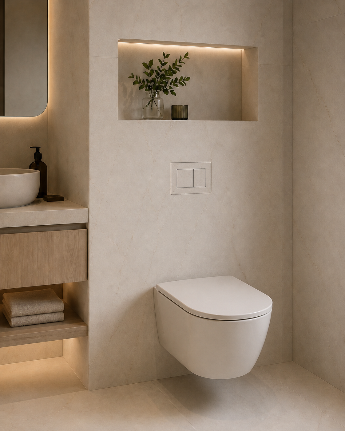 Warm minimalist bathroom with the hidden flush plate above a wall-hung toilet, vanity and lit niche